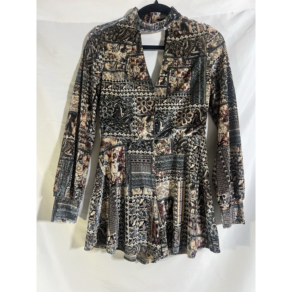 Essue Romper Woman's Med Velour Patchwork Choker Neck Retro Velvet Boho Shorts